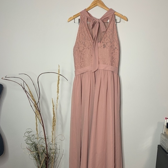 Azazie Blush Pink Bridesmaid Halter Lace Dress - Picture 4 of 11